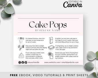 Pink Cake Pop Care Instruction Template, Printable Care Guide for Cake Lolly, Canva Editable Bakery Care Card, Digital Download Modern BB047