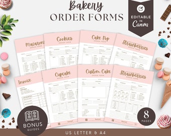 May include: Eight printable bakery order forms in pink and white with gold accents. The forms include options for macarons, cookies, cake pops, cupcakes, custom cakes, and strawberries. The forms are editable in Canva and are available in US Letter and A4 sizes.