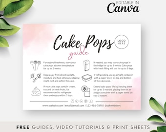 Watercolor Cake Pop Care Instruction Template, Printable Care Guide for Cake Lolly, Canva Editable Bakery Care Card, Digital Download BB045