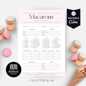 May include: A printable order form for macarons, with sections for customer information, order details, flavor, color, filling, and toppings. The form is designed for a bakery or business selling macarons.