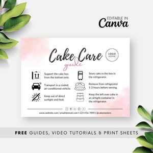 水彩画のケーキのお手入れ方法カード（印刷可能）、ケーキのお手入れガイド、ホームベーカリー用ケーキのお手入れラベルメモ、Canva 編集可能カード テンプレート BB045