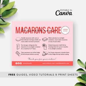 Macaron Care Guide Template, Editable Macaron Care Card, Printable Macaron Instruction Note for Home Bakery, Package Insert Feminine BB053