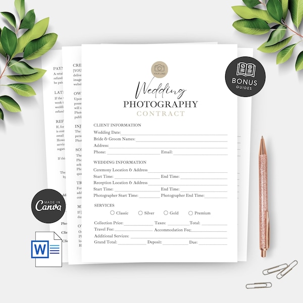 Wedding Photography Contract Canva Template, Printable Wedding Forms, Client Contract for Photographer, Editable Legal Agreement, Minimalist