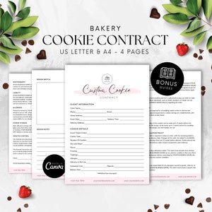 May include: A pink and white printable contract template for a bakery specializing in custom cookies. The contract includes sections for client information, cookie details, and a bonus guide. The text "Custom Cookie Contract" is featured in a pink box.