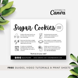 Zuckerkeks-Pflegekartenvorlage, dekorierte Keks-Pflegeanweisungen zum druckbaren, bearbeitbaren Royal Icing Care Guide, Bäckereiverpackung BB000