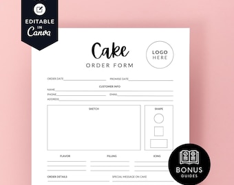 May include: A black and white printable cake order form with sections for order date, customer info, flavor, filling, icing, special message on cake, allergies and notes, delivery, payment, subtotal and amount. The form also includes a space for a sketch of the cake and a section for the shape of the cake. The form has the text "Cake Order Form" and "Bonus Guides" at the top.
