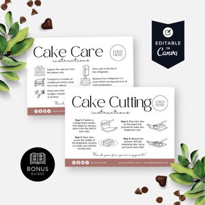 Cartão guia de cuidado e corte de bolo, instruções de serviço para impressão, etiquetas de padaria editáveis, modelo Canva, bula, Boho moderno BB052