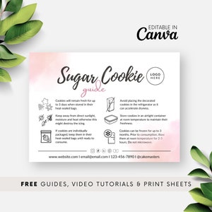 Modelo de cartão de cuidados com biscoitos de açúcar em aquarela, instruções de cuidados com biscoitos decorados para impressão, guia de cuidados com cobertura real, embalagem de padaria BB045