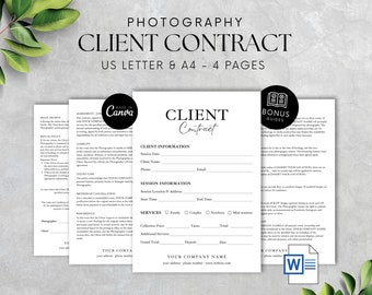 Puede incluir: Plantilla de contrato de cliente de fotografía en blanco y negro con el texto "Contrato de cliente" en una fuente manuscrita. El contrato incluye secciones para la información del cliente, la información de la sesión, los servicios y los detalles de pago. La plantilla está diseñada para que los fotógrafos la usen con sus clientes.