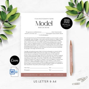 May include: A pink and white model release form with a green floral border. The form includes the text "Model Release" and "Bonus Guides".
