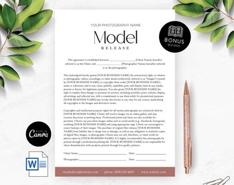 May include: A pink and white model release form with a green floral border. The form includes the text "Model Release" and "Bonus Guides".