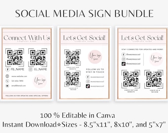 Custom QR Code Sign I Lets Get Social Sign I Editable Canva Template I Social Media Sign Printable I Connect With Us I Follow Us Sign