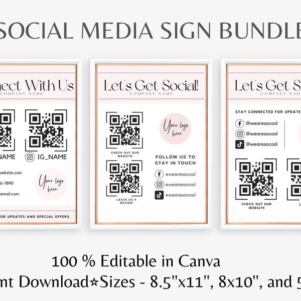 Custom QR Code Sign I Lets Get Social Sign I Editable Canva Template I Social Media Sign Printable I Connect With Us I Follow Us Sign