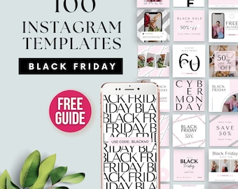 May include: An image promoting Black Friday with 100 Instagram templates. The design includes a smartphone displaying text, a pink circle with "FREE GUIDE," and various sale graphics. The colour scheme is primarily pink and white.