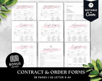 Hochzeitstorte Vertragsvorlage und Bäckerei Formen Bundle, bearbeitbare Kuchen Bestellformular, Gastrovereinbarung, druckbare Kuchen Richtlinien Aquarell BB046