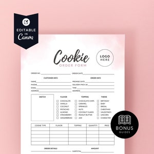 Könnte beinhalten: Ein druckbares Cookie-Bestellformular mit einem rosa Aquarellhintergrund. Das Formular enthält Abschnitte für Kundeninformationen, Bestelldetails, Cookie-Typ, Geschmack, Belag, Menge, Preis und Thema. Das Formular enthält auch einen Platzhalter für das Logo und einen Abschnitt mit Bonus-Anleitungen.
