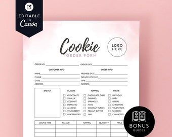 Può includere: Un modulo di ordinazione di biscotti stampabile con uno sfondo acquerellato rosa. Il modulo include sezioni per le informazioni del cliente, i dettagli dell'ordine, il tipo di biscotto, il gusto, la guarnizione, la quantità, il prezzo e il tema. Il modulo include anche un segnaposto per il logo e una sezione di guide bonus.