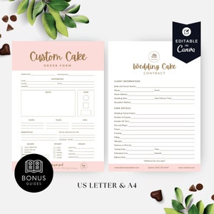 Peut inclure: Modèles de formulaire de commande de gâteau personnalisé et de contrat de gâteau de mariage imprimables en rose et or. Les formulaires comprennent des sections pour les détails de la commande, les informations du client, les détails du gâteau et les informations de paiement. Les modèles sont modifiables dans Canva.