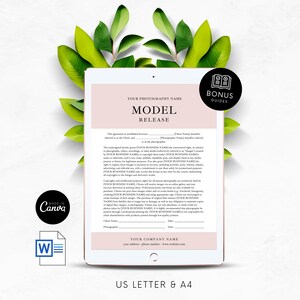 May include: A pink and white digital document template for a model release form. The document includes the text "Model Release" and "Your Photography Name".