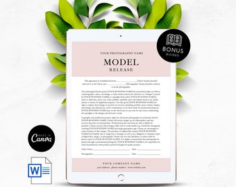 May include: A pink and white digital document template for a model release form. The document includes the text "Model Release" and "Your Photography Name".