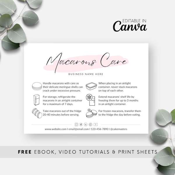 Blush Macaron Care Guide Template, Editable Macaron Care Card, Printable Macarons Instruction Note for Bakery Business Package Insert BB0046