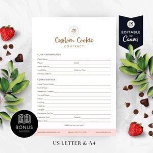 Plantilla de contrato de cookies imprimible, acuerdo de galletas de panadería editable, política de cookies personalizadas de Canva, formulario de pedido de panadero casero, script Boho BB051