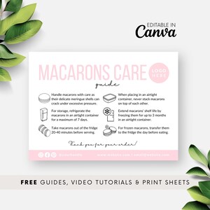 Op de afbeelding: Roze en witte printbare gids met instructies over het verzorgen van macarons. De gids bevat tips over het bewaren, invriezen en serveren van macarons. De tekst bevat de zin "Macarons Care Guide".