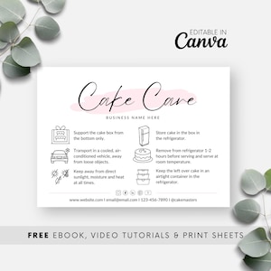 ピンクのケーキのお手入れカード テンプレート、ケーキのお手入れ説明カードの印刷、ケーキのお手入れガイド、ベーカリーケーキのお手入れラベル、編集可能な Canva 水彩 BB046