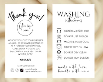Editable T Shirt Washing Instructions Card Template Printable Clothing Care Card Canva Template Tshirt Packaging Insert Thank You Card