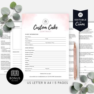 May include: A pink and white printable contract for custom cakes. The contract includes sections for client information, cake details, and a deposit. The text "Custom Cake Contract" is at the top of the page.