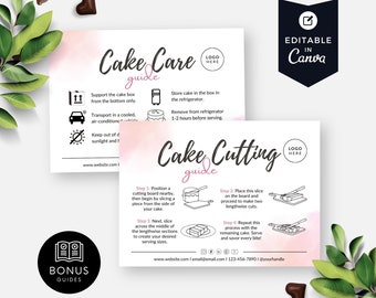 Cake Care And Cutting Guide Cards, Printable Serving Instructions, Editable Bakery Labels, Canva Template, Package Insert, Watercolor BB045