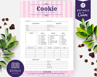Può includere: Un modulo d'ordine per biscotti stampabile con un'intestazione a righe rosa e bianche, contenente campi per informazioni sul cliente, dettagli dell'ordine, gusti, guarnizioni e caselle di controllo per i temi, con testo Cookie Order Form.
