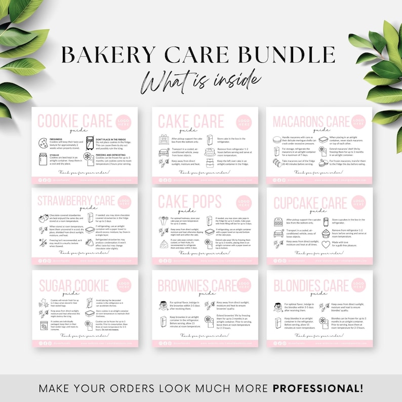 Może przedstawiać: R&oacute;żowo-biała grafika Bakery Care Bundle z tekstem i ilustracjami. Tekst zawiera "BAKERY CARE BUNDLE" i "What is inside". Grafika zawiera przewodniki pielęgnacyjne dla ciasteczek, ciast, makaronik&oacute;w, truskawek, cake pops, babeczek, etc.