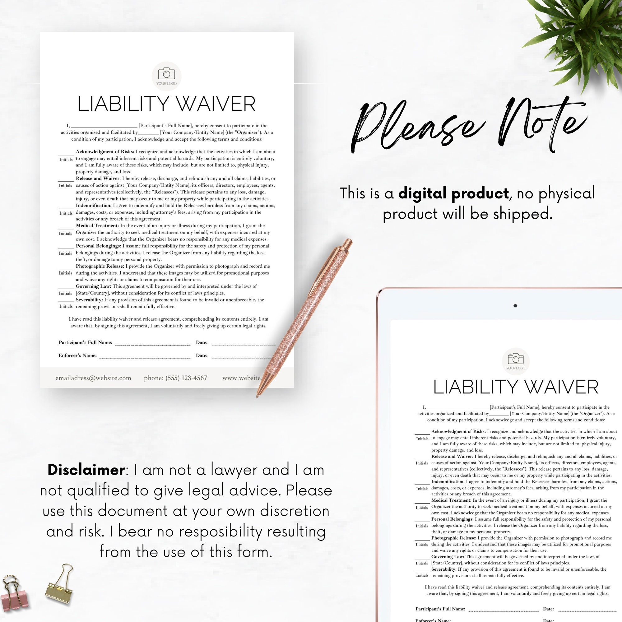 Waiver Disclaimer Example General Liability Waiver Form Risk Acknowledgment All Purpose Legal ...