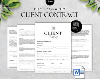 Puede incluir: Una plantilla de contrato de cliente de fotografía en blanco y negro con el título "Contrato de Cliente" y secciones para la información del cliente, la información de la sesión, los servicios y los detalles de pago. El contrato está diseñado para que los fotógrafos lo usen con sus clientes.