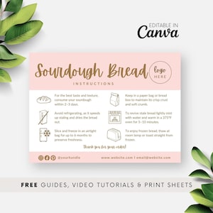 May include: A pink and white Sourdough Bread Instructions card with text and illustrations. The card includes tips on storing, reviving, and freezing bread. The text includes the phrase "Thank you for your order!" and social media handles.