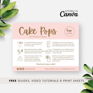 Retro Cake Pop Care Instructie Sjabloon, Afdrukbare Onderhoudsgids voor Cake Lolly, Canva Bewerkbare Bakkerij Care Card, Digitale Download Logo BB051