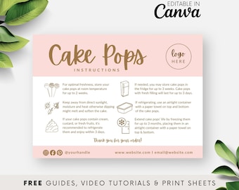 Retro Cake Pop Care Instruction Template, Printable Care Guide for Cake Lolly, Canva Editable Bakery Care Card, Digital Download Logo BB051