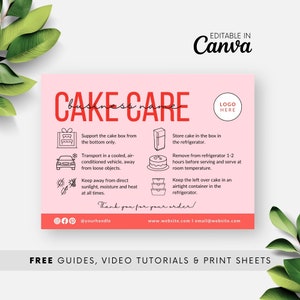 ケーキのお手入れ方法の印刷可能なカード、家庭でケーキを焼く人向けのケーキのお手入れラベル、ケーキのお手入れガイド、Canva で編集可能なカード テンプレート、ピンクと赤の BB053