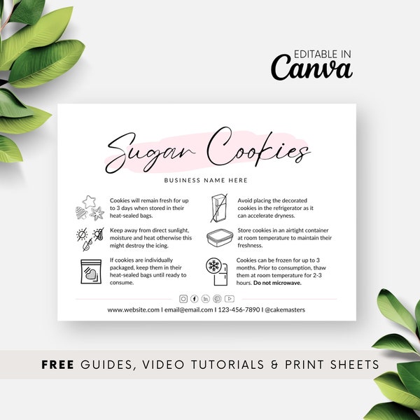 Sugar Cookie Care Card Template, Decorated Cookie Care Instructions Printable, Editable Royal Icing Care Guide, Bakery Packaging Blush BB046