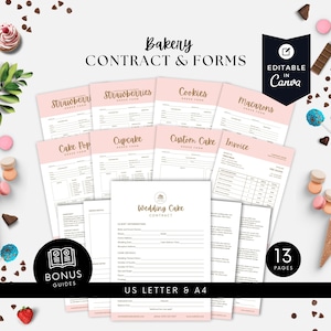 Puede incluir: Un conjunto de 13 formularios de pedido de pastelería imprimibles y un contrato en rosa y dorado. Los formularios incluyen formularios de pedido para fresas, galletas, macarons, cake pops, cupcakes, pasteles personalizados y un contrato de pastel de boda. Los formularios son editables en Canva.