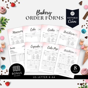 May include: Printable bakery order forms in pink and white with a watercolor effect. The forms include sections for macarons, cake, cookies, cupcakes, cake pops, and strawberries. The forms are editable in Canva and include 8 pages.