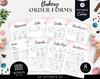 Bakery Business Template Bundle, Wedding Cake Order Sheet Templates, Clean Cookie Order Form Editable in Canva, Simple Cupcake Inserts BB045