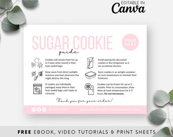 Sugar Cookie Care Card Template, Decorated Cookies Care Instructions Printable, Editable Royal Icing Care Guide, Pink Bakery Packaging BB054