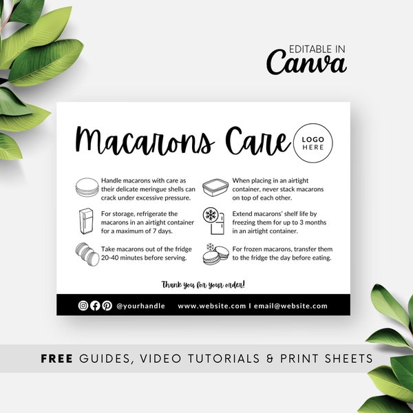 Macaron Care Guide Template, bewerkbare Macaron Care Card, afdrukbare Macarons instructienota voor bakkerijbedrijf, verpakkingsbijvoegsel BB000