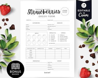 May include: A black and white order form for chocolate-covered strawberries. The form includes sections for customer information, order details, and dipping styles. The words "Chocolate Covered Strawberries" are at the top. The form is labeled "US Letter & A4".