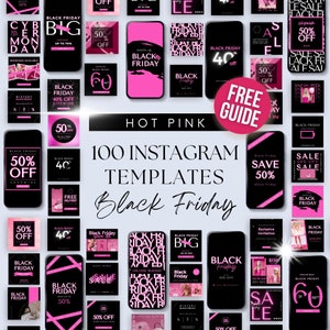 Może przedstawiać: Grafika promocyjna na Czarny Piątek z 100 szablonami Instagram. Projekt wykorzystuje schemat kolorów gorącego różu i czerni z różnymi ogłoszeniami o wyprzedażach, w tym "50% off" i tekstem "Black Friday". Obecny jest również przycisk "Bezpłatny przewodnik".