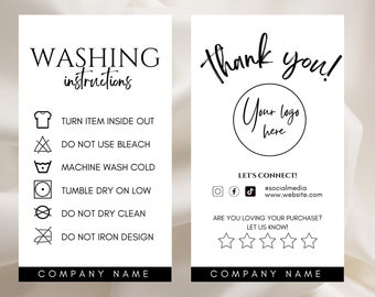 Editable T Shirt Washing Instructions Card Template Printable Clothing Care Card Tshirt Packaging Insert T-Shirt Care Instruction Cards