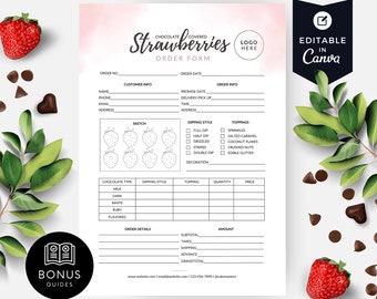 Chocolate Strawberries Order Form Template, Choc Dipped Strawberry Printable Order Sheet, Custom Order Form, Editable Canva Watercolor BB045