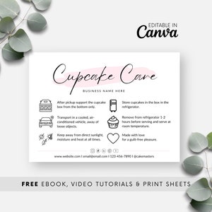 Plantilla Canva de tarjeta de cuidado de cupcakes de rubor, instrucción de cuidado de muffins editable, guía de cuidado de cupcakes imprimible para panadería, inserto de embalaje BB046